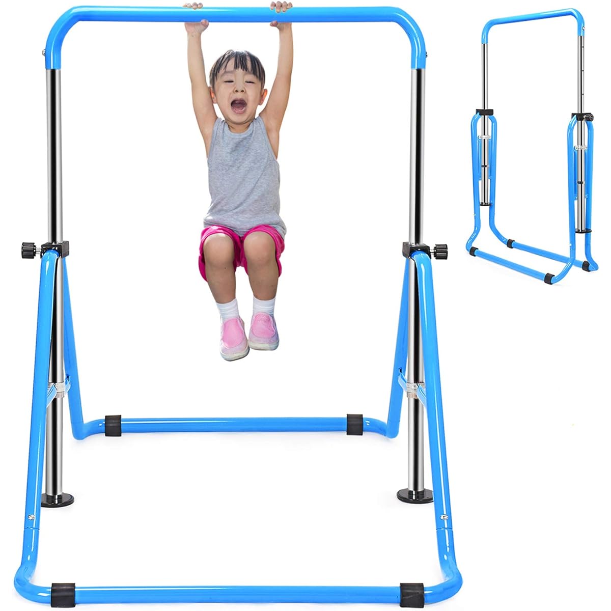 Horizontal bar, multi-functional, foldable, 4 height adjustable, load capacity 100kg, indoor, outdoor, home use, swing, easy to assemble, stainless steel bar, non-slip, birthday, New Year, Christmas present (blue)