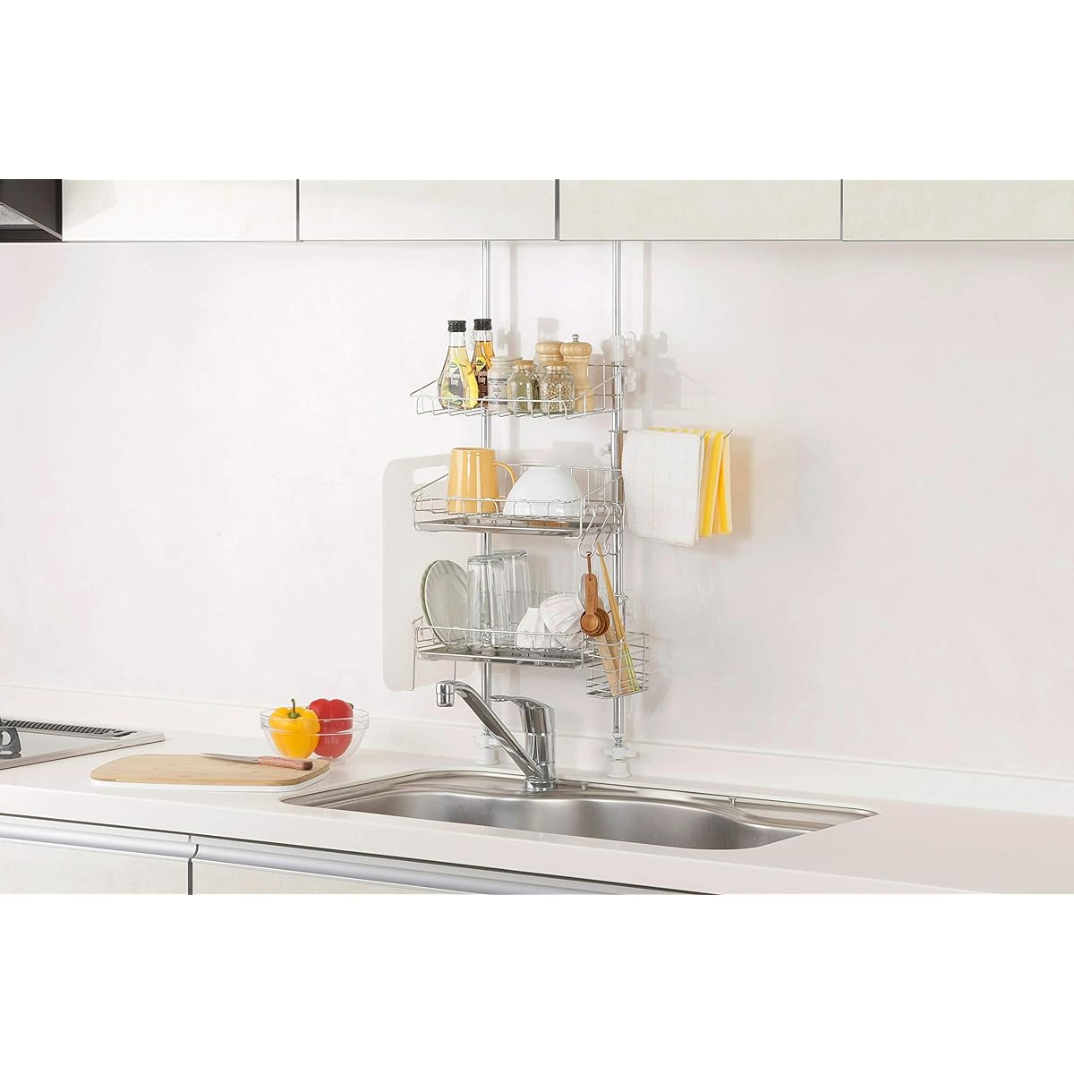 Made in Japan that won't damage the kitchen, tension multi-rack, height adjustable, around the sink neatly (external width 37.5cm, 3 tiers)