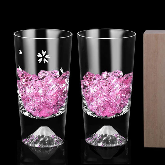 Mt. Fuji Glass Sakura Kiriko Tumbler Pair Set 240cc Easy to Hold Luxury Craftsman Handmade Paulownia Box Rocks Glass Beer Highball Glass Stylish Celebration Wedding Gift 60th Birthday Present Gift Popular (Set of 2)