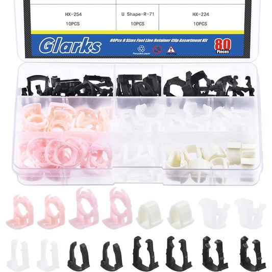 GLARKS 80 pieces 3/8 inch 5/16 inch 8 inch 8 size fuel line retainer clip assorted kit nylon fuel line hold hold clip replacement kit ford GM compatible