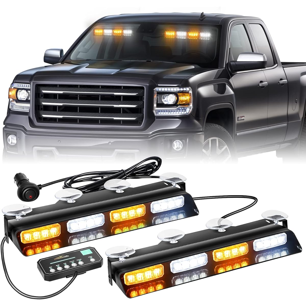 XRIDONSEN Emergency Dash Strobe Bone Safety Flash Warning Care Interior Front/Rear Front Character Deck Sprit Light Bar For Construction Vehicle Truck (2x14 inch Anber White)