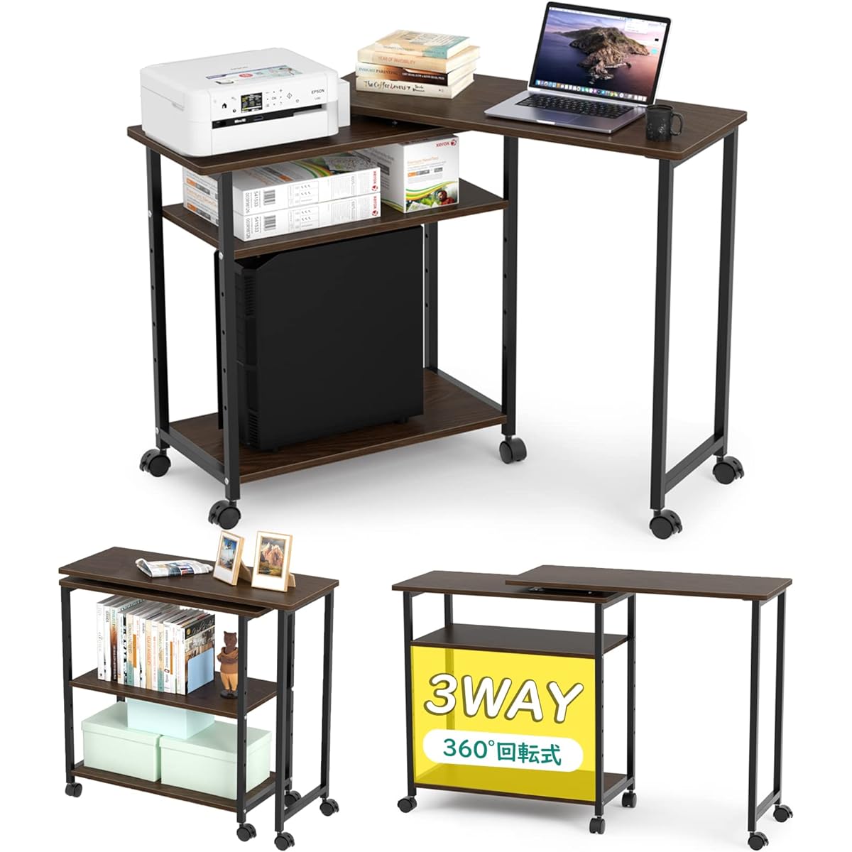 Side Table Rotating 3way Gaming Desk Computer Desk L-shaped Desk with Casters Adjustable Storage Rack Space Saving Rotating Shape to Suit Telework Scene Corner L-shaped Desk Side Wagon Night Table Storage Shelf Width 75cm Width 65cm Width 110cm