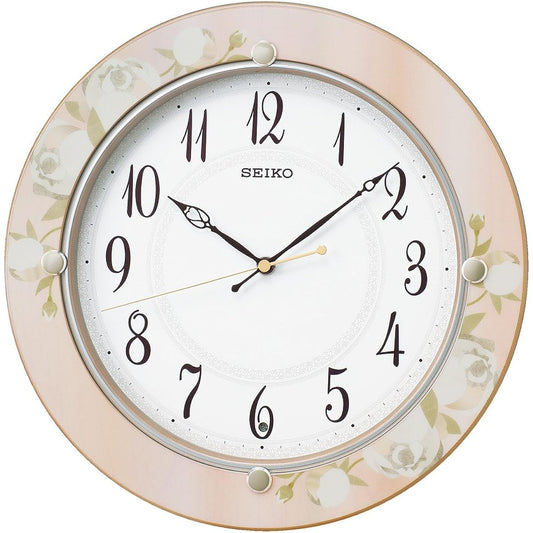 Seiko Clock Wall Clock Radio Analog Wooden Frame Light Pink Floral Pattern KX220P