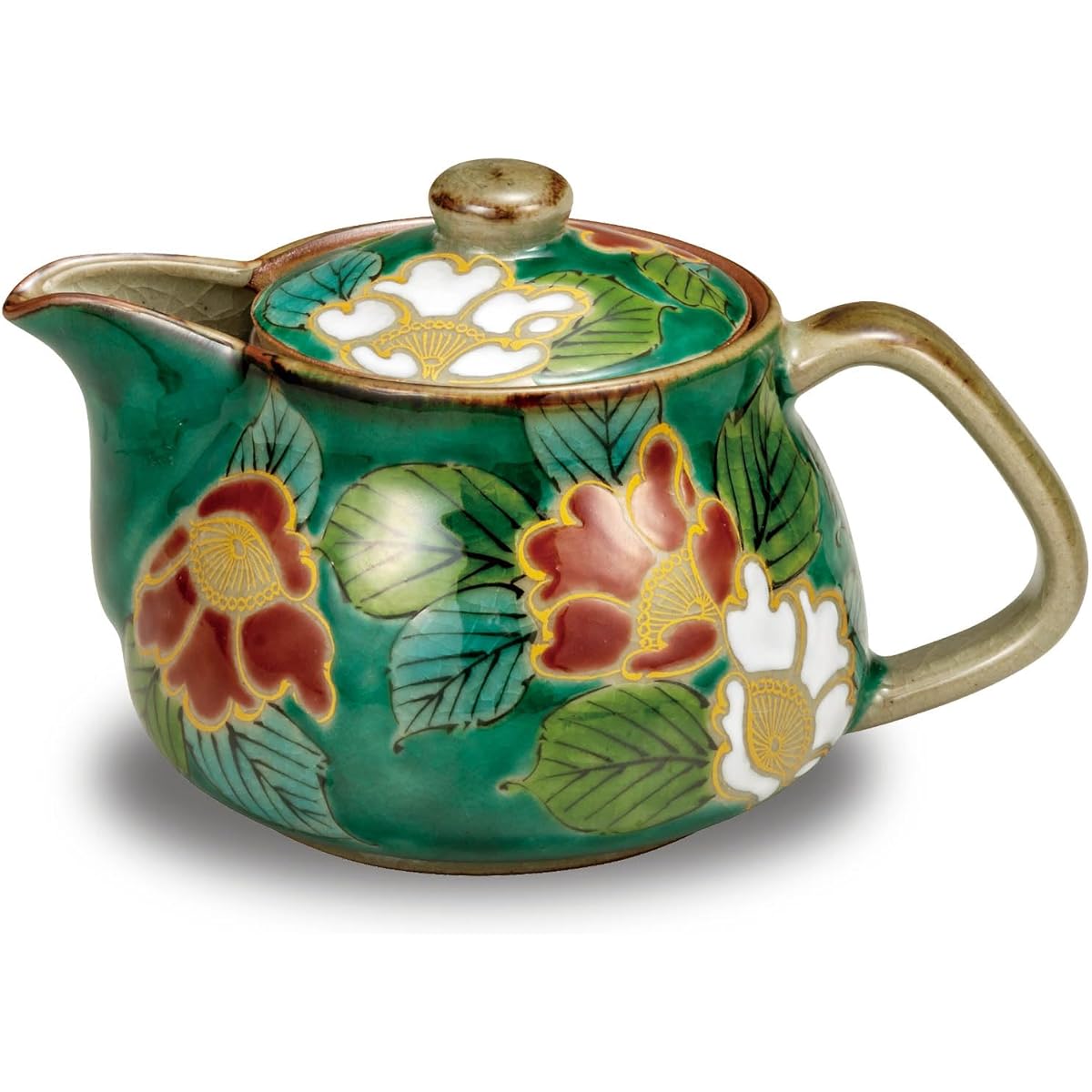 Teapot Stylish Kutani ware Teapot Pot Green Sasanqua Ceramic Japanese tableware Made in Japan Comes with tea strainer mesh