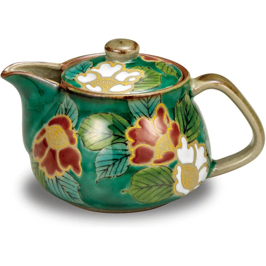 Teapot Stylish Kutani ware Teapot Pot Green Sasanqua Ceramic Japanese tableware Made in Japan Comes with tea strainer mesh