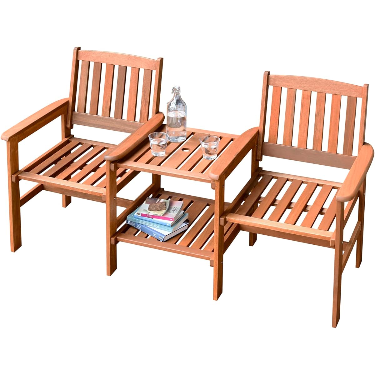 Gardenmaster Love Chair Garden Set Width 160 x Depth 63 x Height 89 cm Natural Maranti Wood with Parasol Hole Garden Balcony Terrace Balcony MFC-672