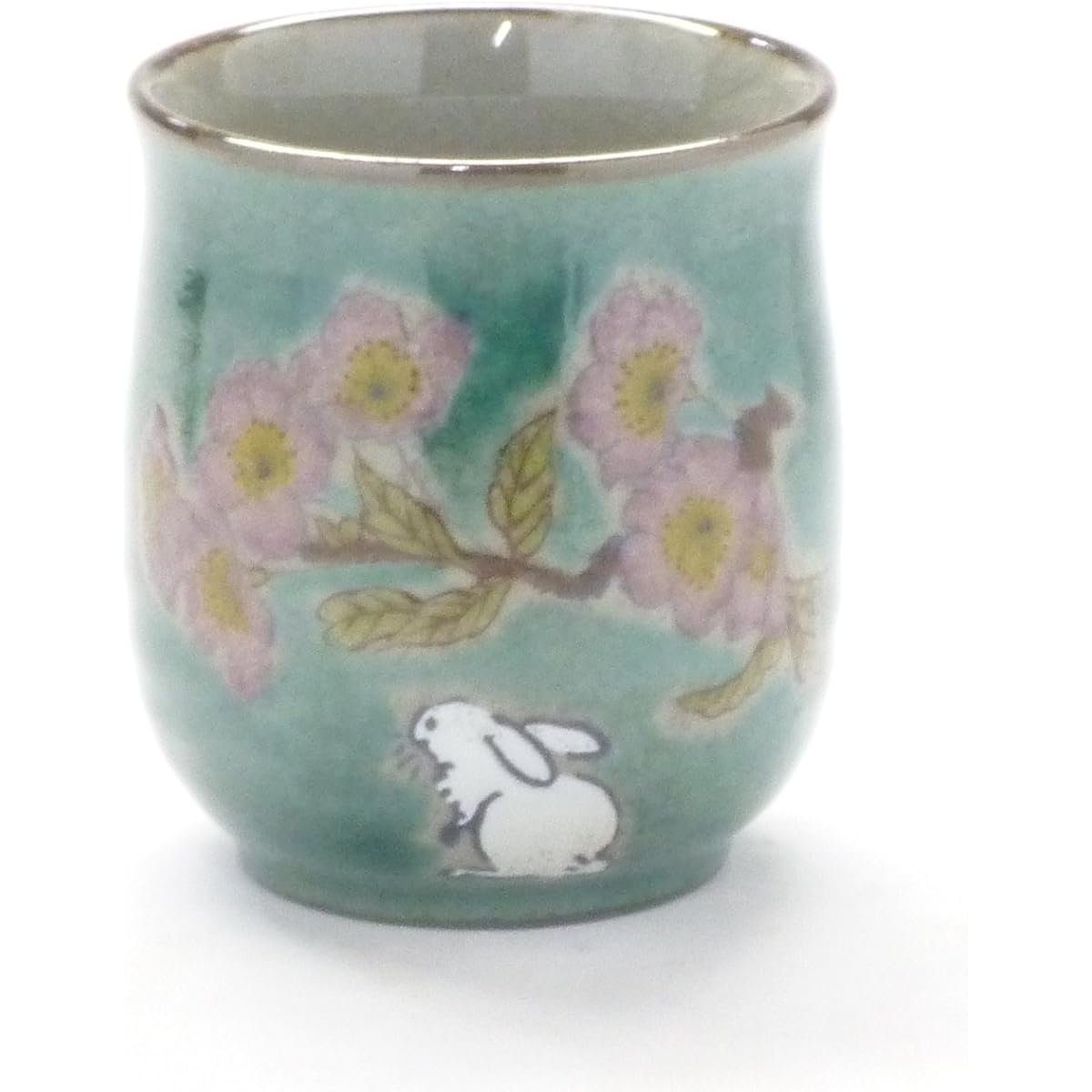 Kutani ware [hot water cup] Large white rabbit Somei Yoshino green painting [back picture] Pottery 180ml