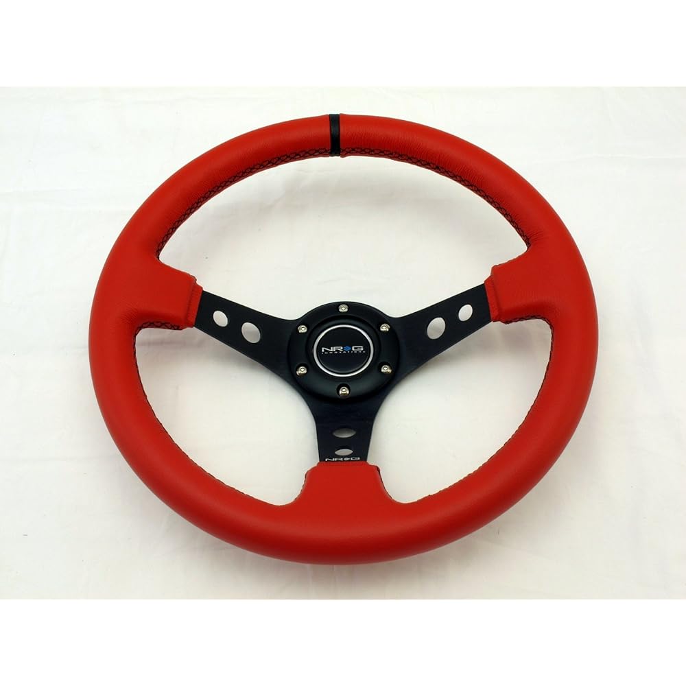 Steering wheel 350mm sports steering wheel (depth 3 inch) red LTHR black stitch black strap ST-006RR-BS-Y