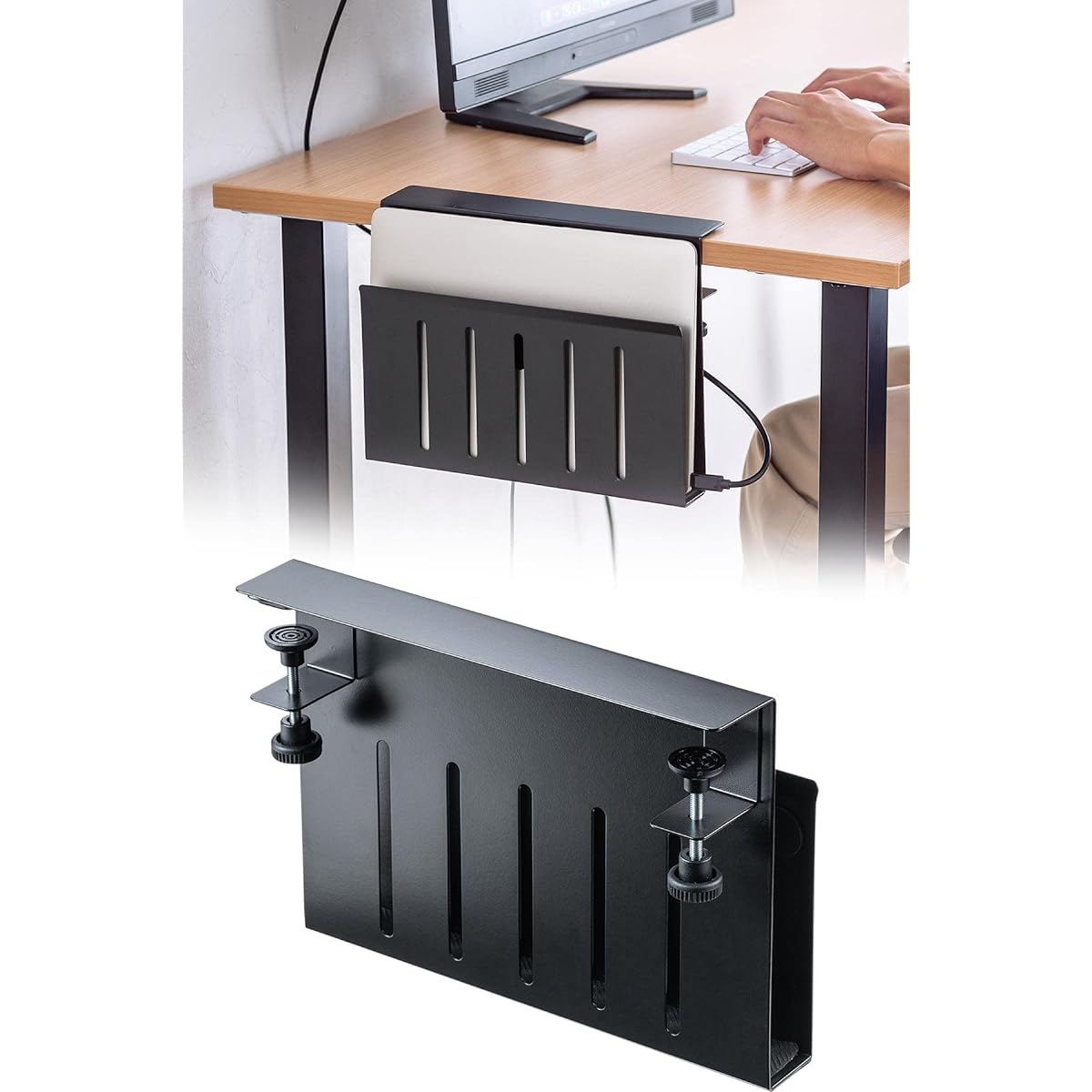 Sanwa Direct Desk Side Storage Clamp Laptop/Tablet/Documents Load Capacity 3kg Steel Black 200-STN068BK