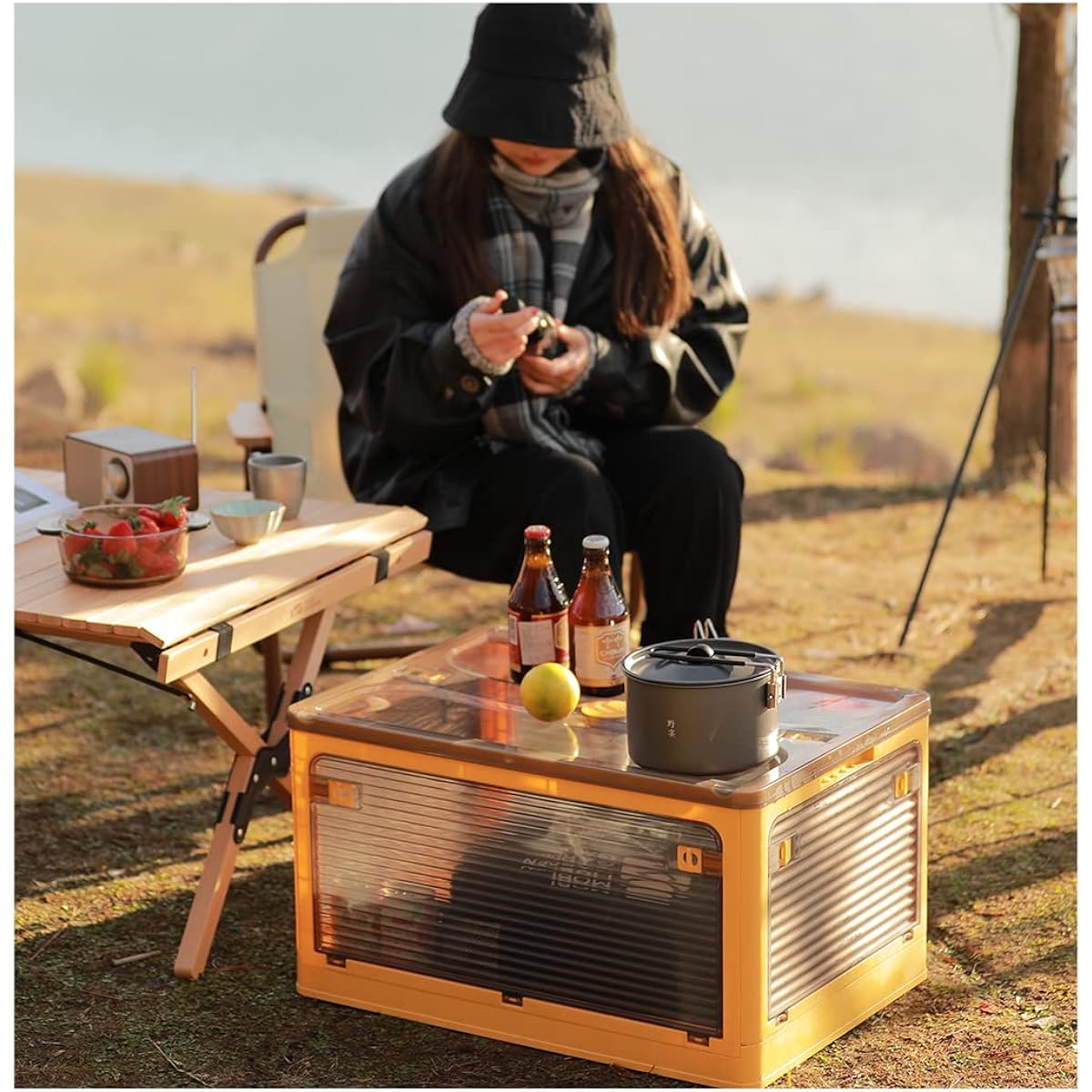 Storage Box Camping Container Box Storage Oricon Foldable with Lid and Casters Large Stacking Camping Outdoor (Yellow M)