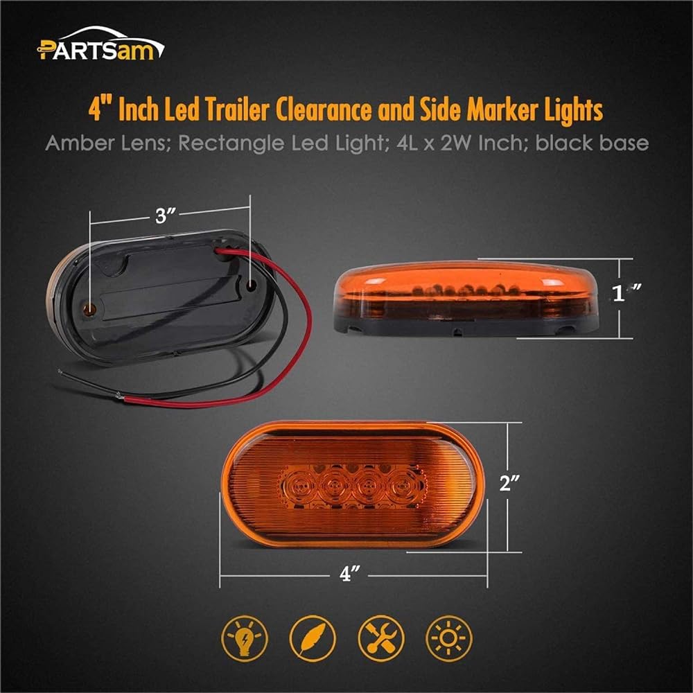 PARTSAM Trailer Clearance or Side Marker Light -LED -10 Diode -Amber Lens -Black Base -4 inch 4x2 Rectangle LED Light Idiosai Light