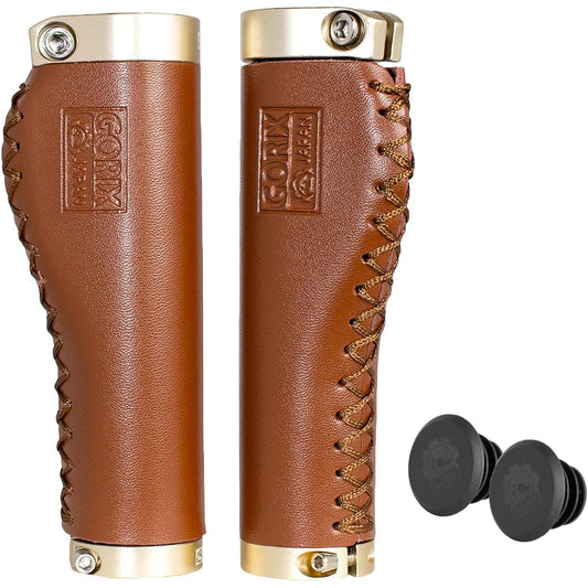 GORIX Bicycle Grip Leather Grip (GX-600) Ergo Double Lock-on Brown Cycle Grip Cowhide Screw Fixed Grip Replacement Bicycle Grip Stylish Cross Bike Mini Velo Handle Grip