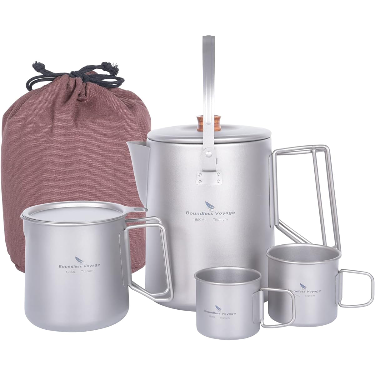 Boundless Voyage Titanium Kettle Camping BBQ Kettle Large Capacity Lightweight Memory Included Lid Folding Handle Coffee Pot Open Fire Titanium Cooker Outdoor Cooking Utensil Coffee Maker Camping Kettle Coffee Pot Comes with Exclusive Storage Bag (Titani