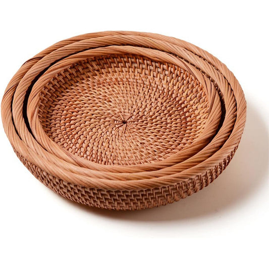 Lirancia Rattan Basket, Made of Rattan, Natural Material, Round, Shallow Tray, Deep, Lightweight Box, Durable, Vegetables, Bread, Japanese Style Bag [Set of 3 Shallow Types]