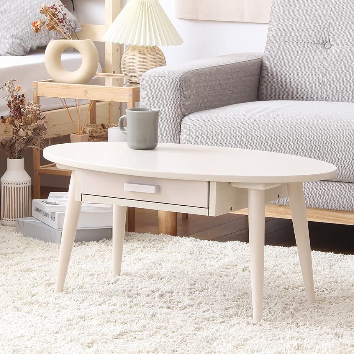 Iwatsuki Low Table with Drawer Storage Wooden Oval Width 80 x Depth 48 x Height 37cm Stylish White IWT-26BWH