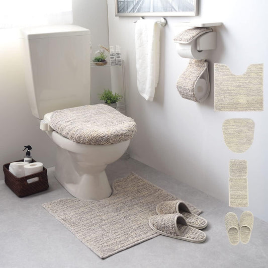 Toiletries 4-piece set "Stroke" Greige Linen x Cotton | Toilet mat 60cm x 60cm / Toilet lid cover / Slippers / Toilet paper holder / Made in Japan Washable Stylish Cute Cotton Linen Feet Underfoot Mat 60x60