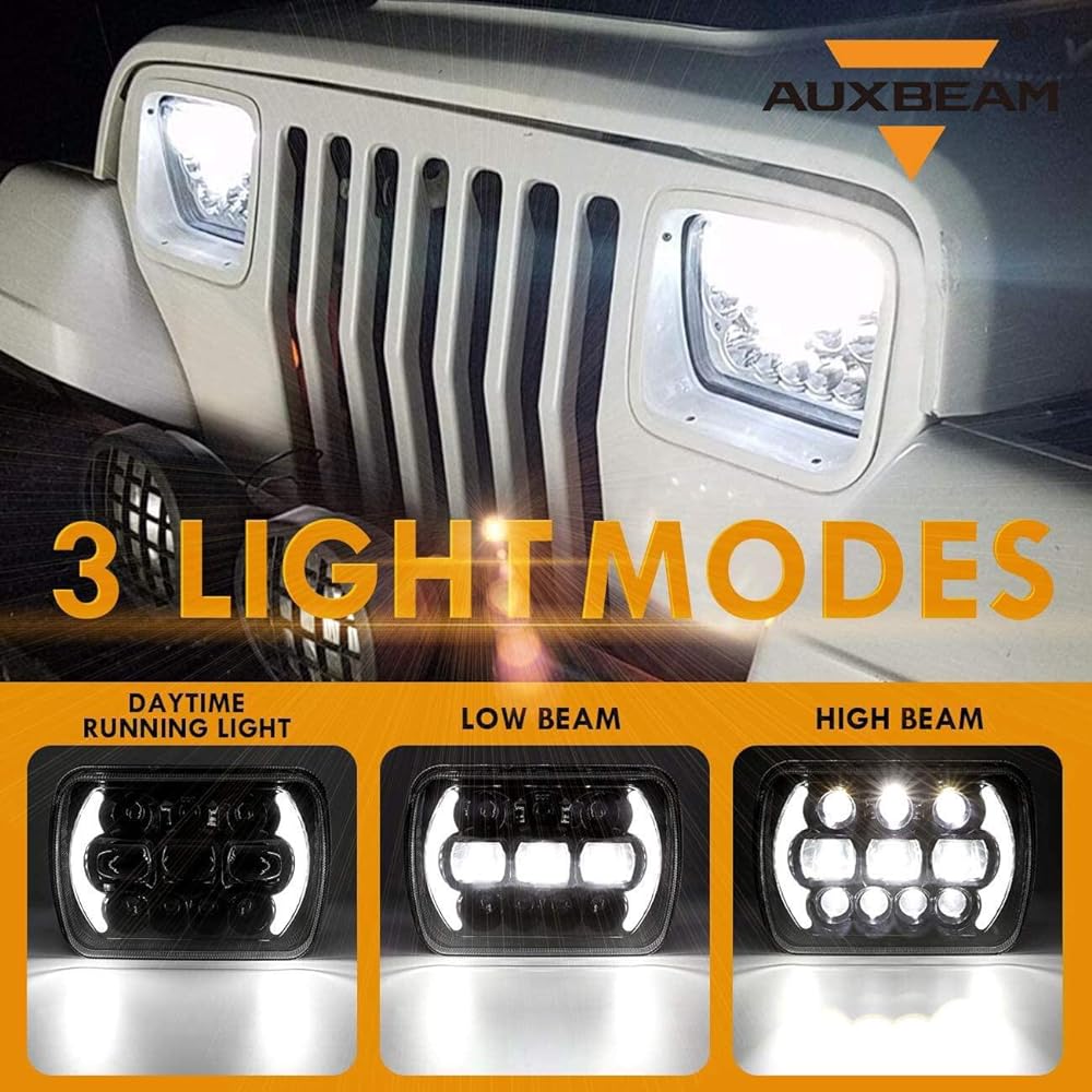 5x7 LED Headlight AUXBEAM 85W 7x6 LED Headlight DRL High Loen Rectangle H6054 Head Lamp Jeep Wrangler YJ Cherokee XJ H6054 H6054LL 69822 6052 (2 blacks)