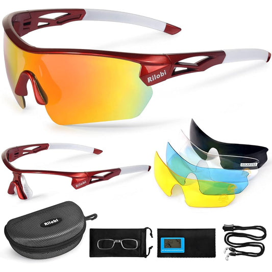 [Rirobi] [Recommended by road cyclist Yukiya Shinshiro] Polarized sports sunglasses with 5 interchangeable lenses and 2 frames, sunglasses for men and women, ultra-lightweight UV400 cycling, running, fishing, golf, baseball glasses