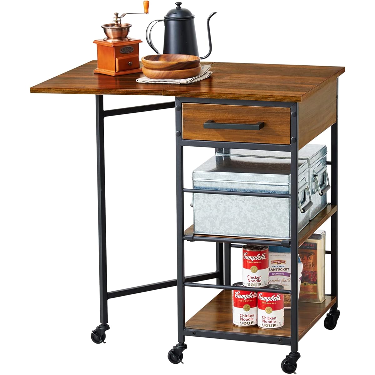 Hagihara Kitchen Wagon Rack Expandable Top Plate with Casters and Drawers Width 37-70 Brown 1 Unit LW-4529BR