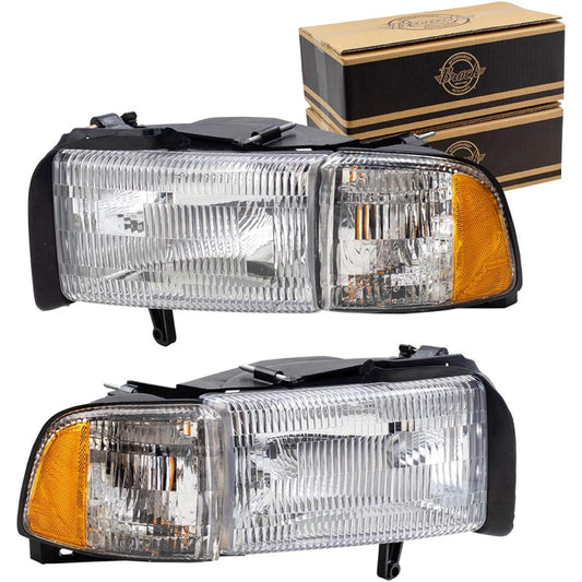 BROCK After Market replacement driver left passenger seat right halogen combination headlights and corner light assembly set sports Package 1994-2002 Compatible with Dodge Lum