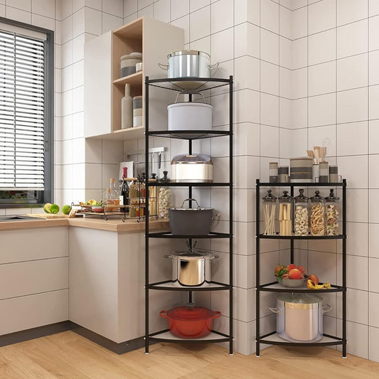 sumunior Kitchen Corner Rack 5 Tiers Multipurpose Rack Width 49.5cm Height 128cm Kitchen Storage Rack Carbon Steel Rounded Corners Kitchen Shelf Storage Rack Corner Shelf Triangular Fan Corner Shelf Kitchen Frying Pan Rack Corner Shell with Casters Pot R