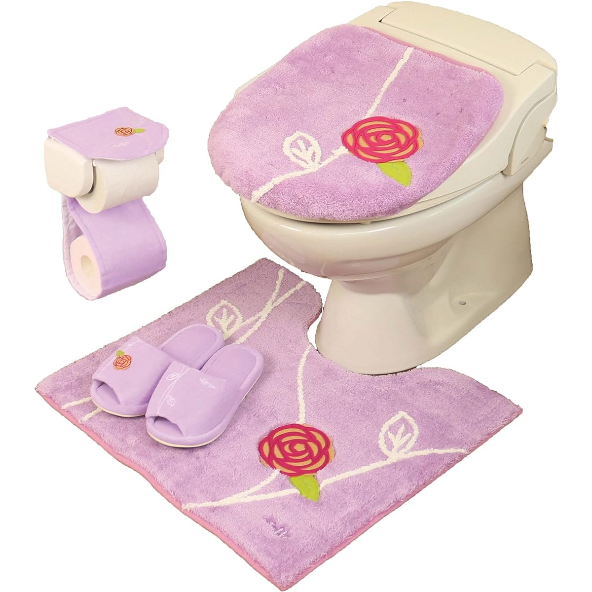 Toilet mat set 4 pieces pink (toilet mat + suction type lid cover + slippers + paper holder cover) Scandinavian Oka Etofu Tria