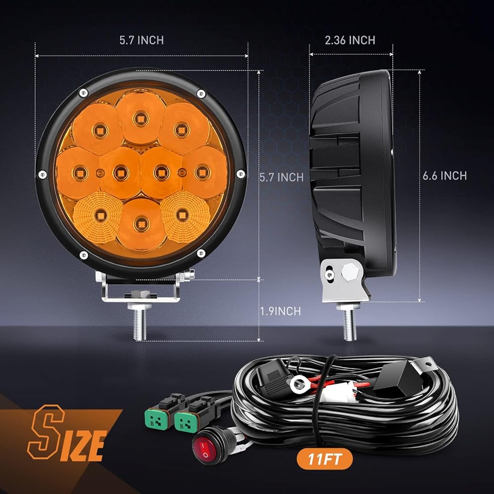 NILIGHT 5.7 inch amber LED driving light round 50W Yellow Foglight 16AWG DT connector Wiring harness IP68 Spot flood combo LED work light off -road ATV UTV track tractor