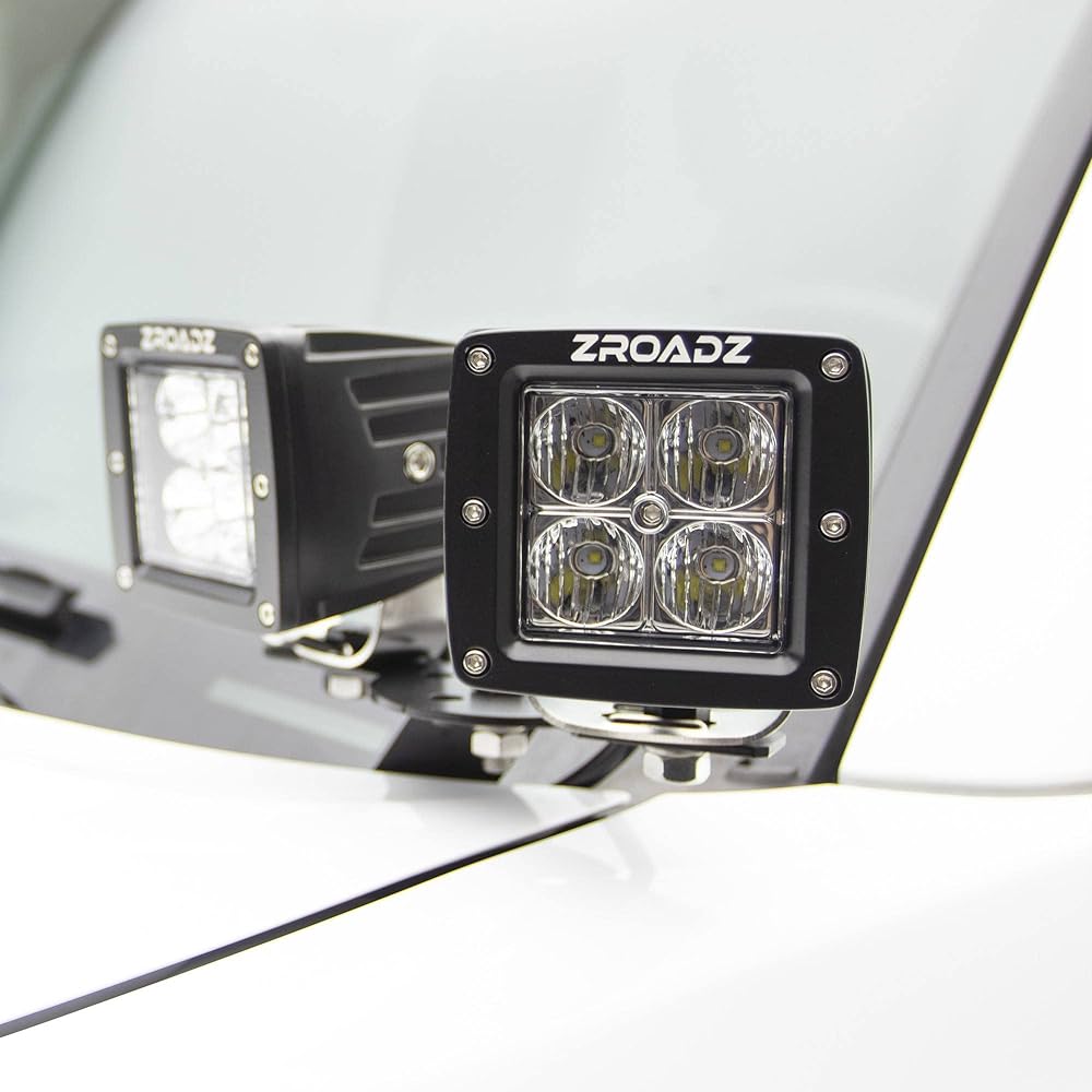 ZROADZ Food Hinge Adapter Plate (4) 3 inch LED Podlight is attached to the hood hinge bracket -PN #Z360002 Black