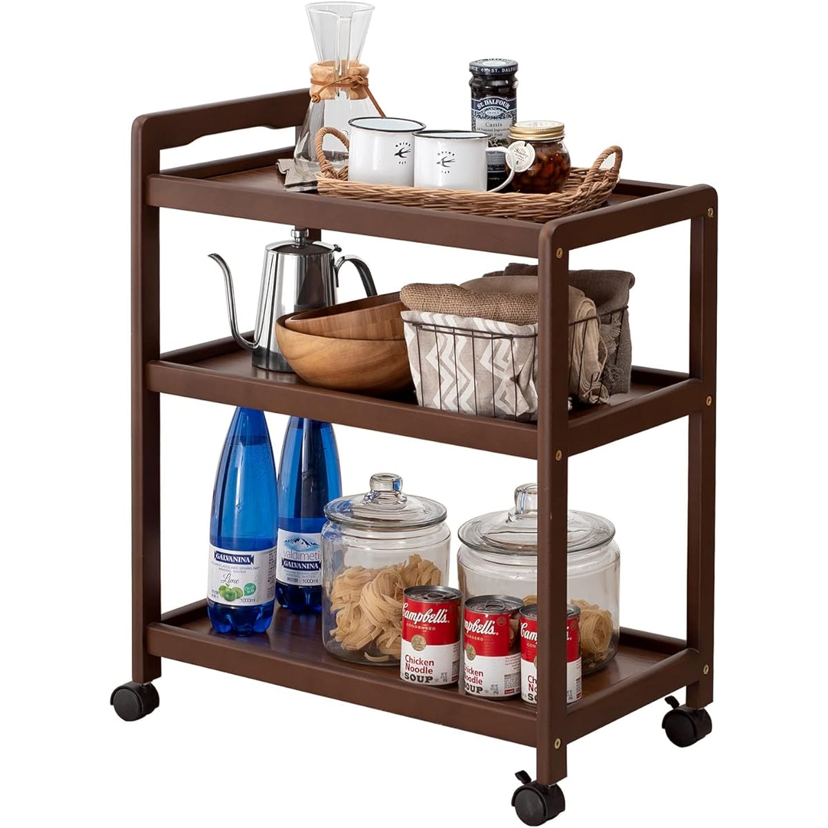 Hagiwara Kitchen Wagon Gap Storage Cart 3 Tiers Natural Wood Load Capacity 15kg Large Capacity Casters with Handle Width 59 Depth 34 Height 72.5 Brown VW-7977BR