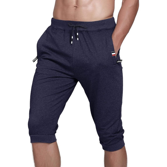 Jogger Pants Gym Men's Long Pants Half Pants Men's Sports 3/4 Length Training Wear Zip Pocket Slim Sweat Pants