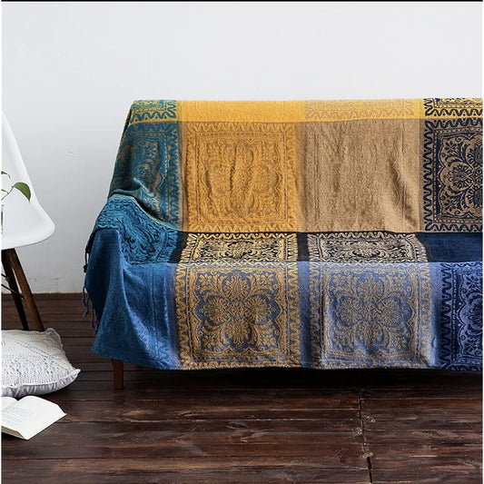 Multi-Cover Asian Style Sofa Cover Stylish Multifunctional Bedspread with Fringe Bedspread Rug Blanket Couch (220cm*260cm, Asian Blue Large)