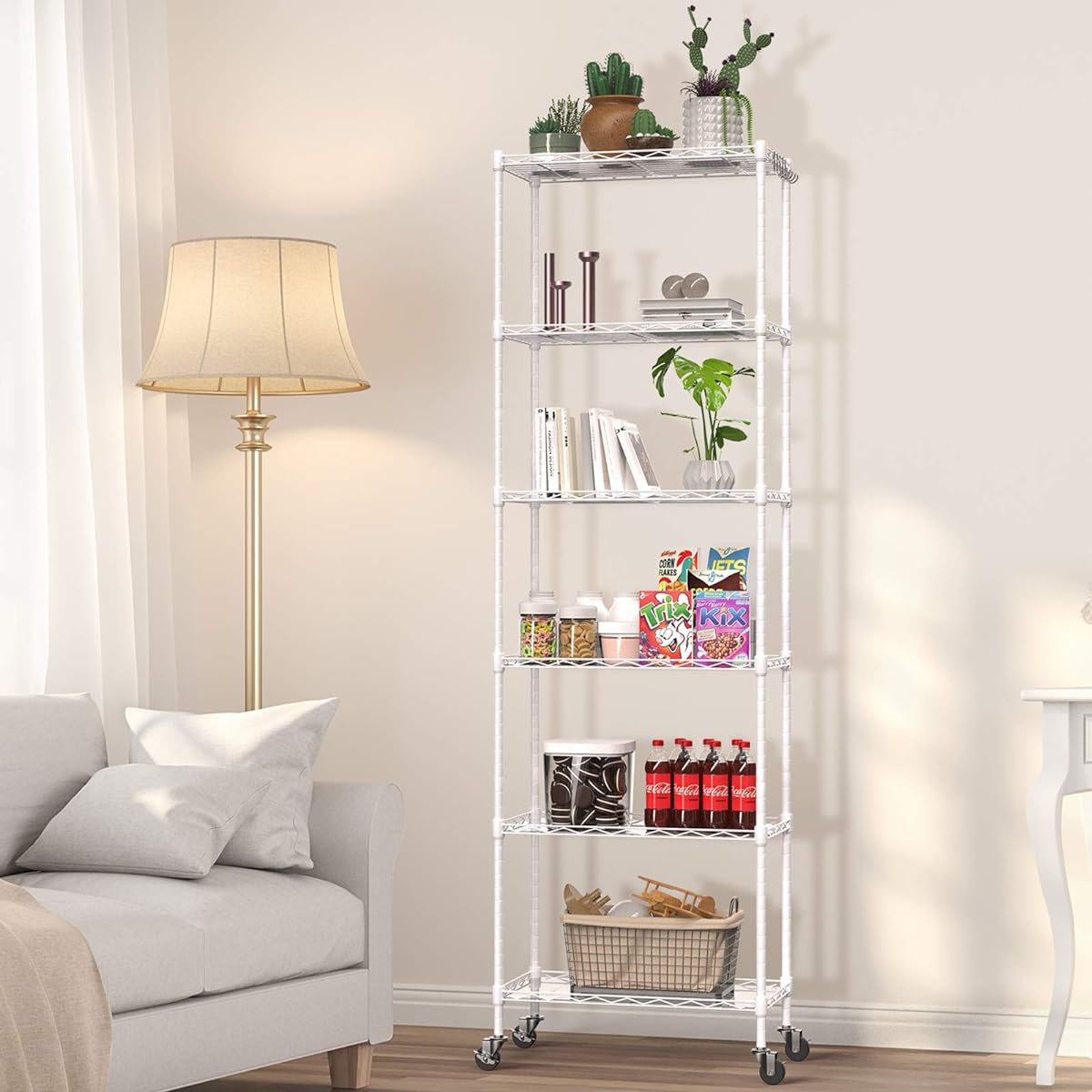 NATRKE Metal Rack, 6 Tiers, White, with Casters, Steel Rack, Steel Shelf, Wire Rack, Figurine Rack, Large Capacity, Rust Proof, Scratch Resistant, Stylish, Space Saving Shelf, Load Capacity 240kg, Width 54 x Depth 29 x Height 166.5cm