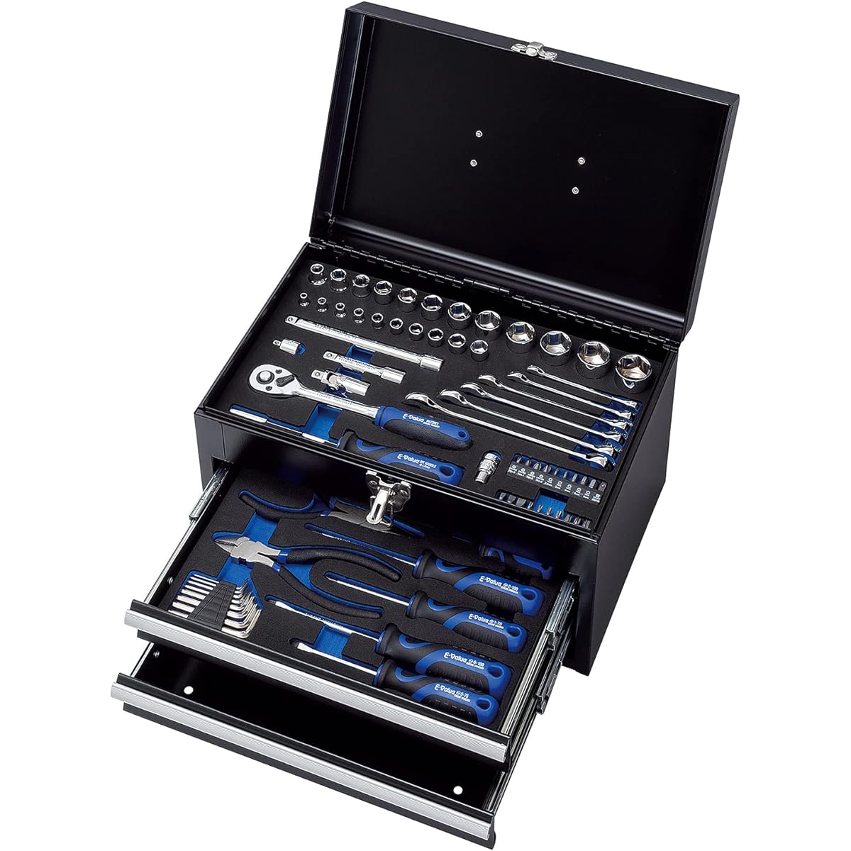 E-Value Maintenance Tool Set 70 Tools + Tool Chest Black EVA Matte Tray Specifications Compatible with Various Maintenance Motorcycles Automobiles DIY Do-It-Yourself EST-2270BK