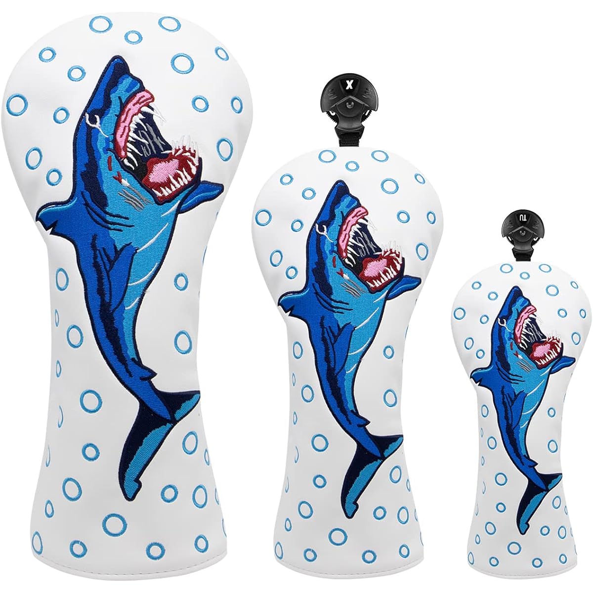 Golf club head cover, luxury shark embroidery for golf drivers, fairway wood head cover, hybrid, single item/set of 3 for wood PU leather golf head cover Golf fairway head cover Golf club head cover for FW, UT, wood head cover #3/# 5/#X compatible shark