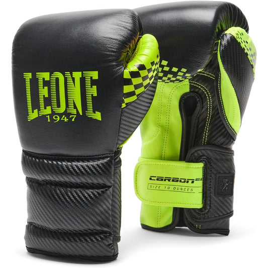 LEONE 1947 Boxing Kickboxing Gloves Unisex [CARBON 22] Buffalo Leather & Synthetic Leather Outer PU Pad Velcro Closure Black GN222 [Genuine Product]