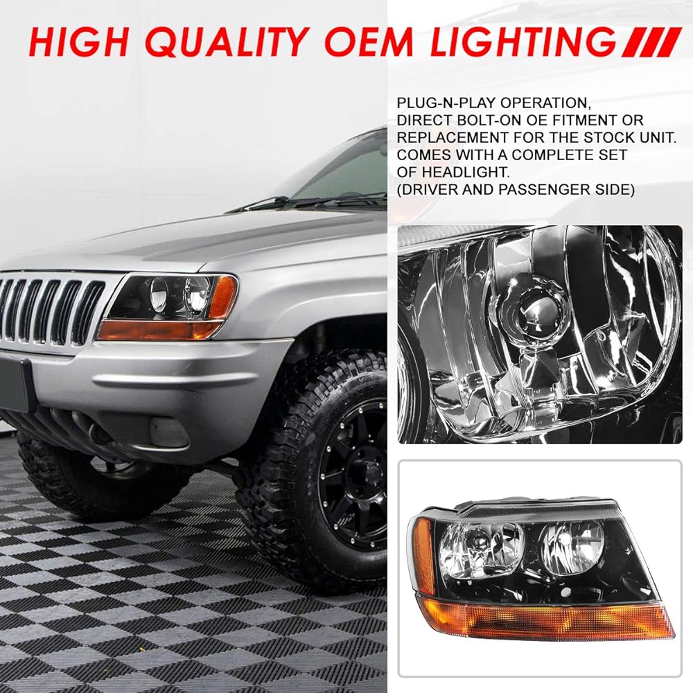 Auto Dynasty Pair Black Housing Amber Reflector Left+Right Headlight Lamp Geep Grand Cheroke WJ 99-04 compatible