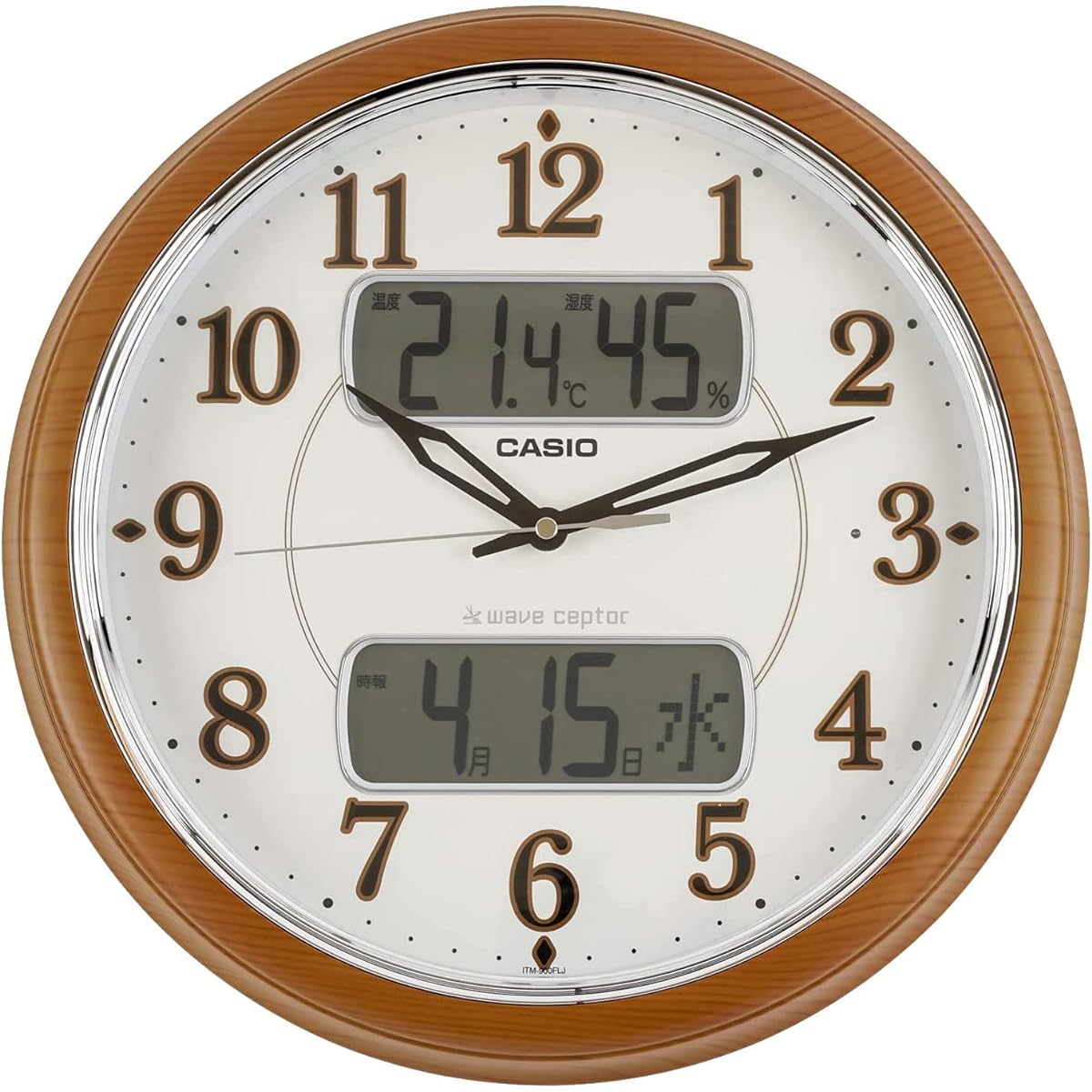 CASIO Wall Clock Radio Wave Brown Diameter 35.3cm Analog Always On Wild Birdsong Time Signal Function Temperature Humidity Calendar Display ITM-900FLJ-5JF