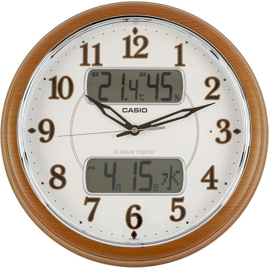 CASIO Wall Clock Radio Wave Brown Diameter 35.3cm Analog Always On Wild Birdsong Time Signal Function Temperature Humidity Calendar Display ITM-900FLJ-5JF