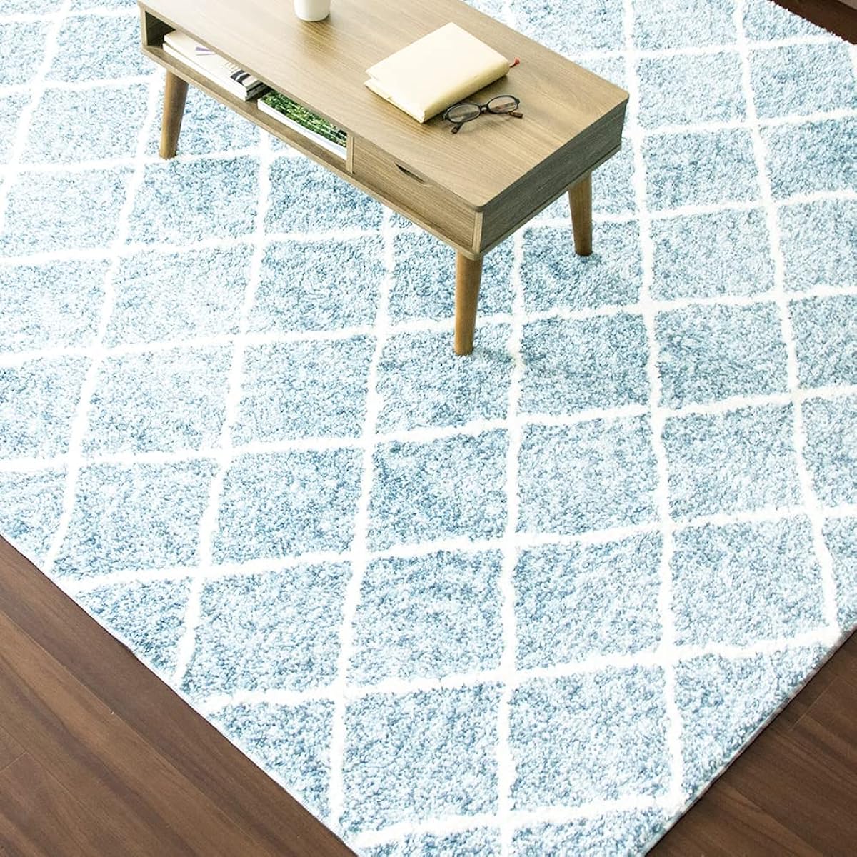 Iris Plaza JGDR-KIKA-2024 Rug, Carpet, Dust Mite Resistant, Compatible with Floor Heating, Choose from, Fluffy, Smooth Texture, Shaggy Rug, Jacquard Weave, Navy, 78.7 x 94.4 inches (200 x 240 cm), Geometric Pattern