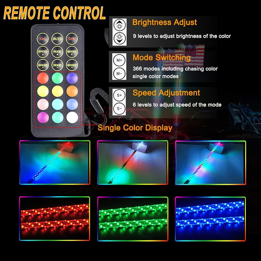 BEATTO 4 foot (1.2m) RF remote control RGB LED whipped light d'Ocming/with chasing light LED antenna light off -road vehicle ATV UTV RZR for Jeep Track Dune