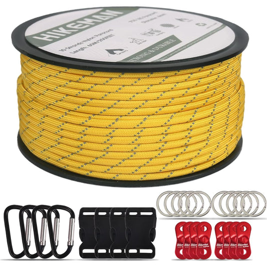 Paracord 10 Cores 4mm Parachute Cord Guy Rope with Reflective Material Load Capacity 250kg Paracord Set for Accessory Making DIY Knitting with Buckle for Camping and Outdoor Use (Yellow 60M)