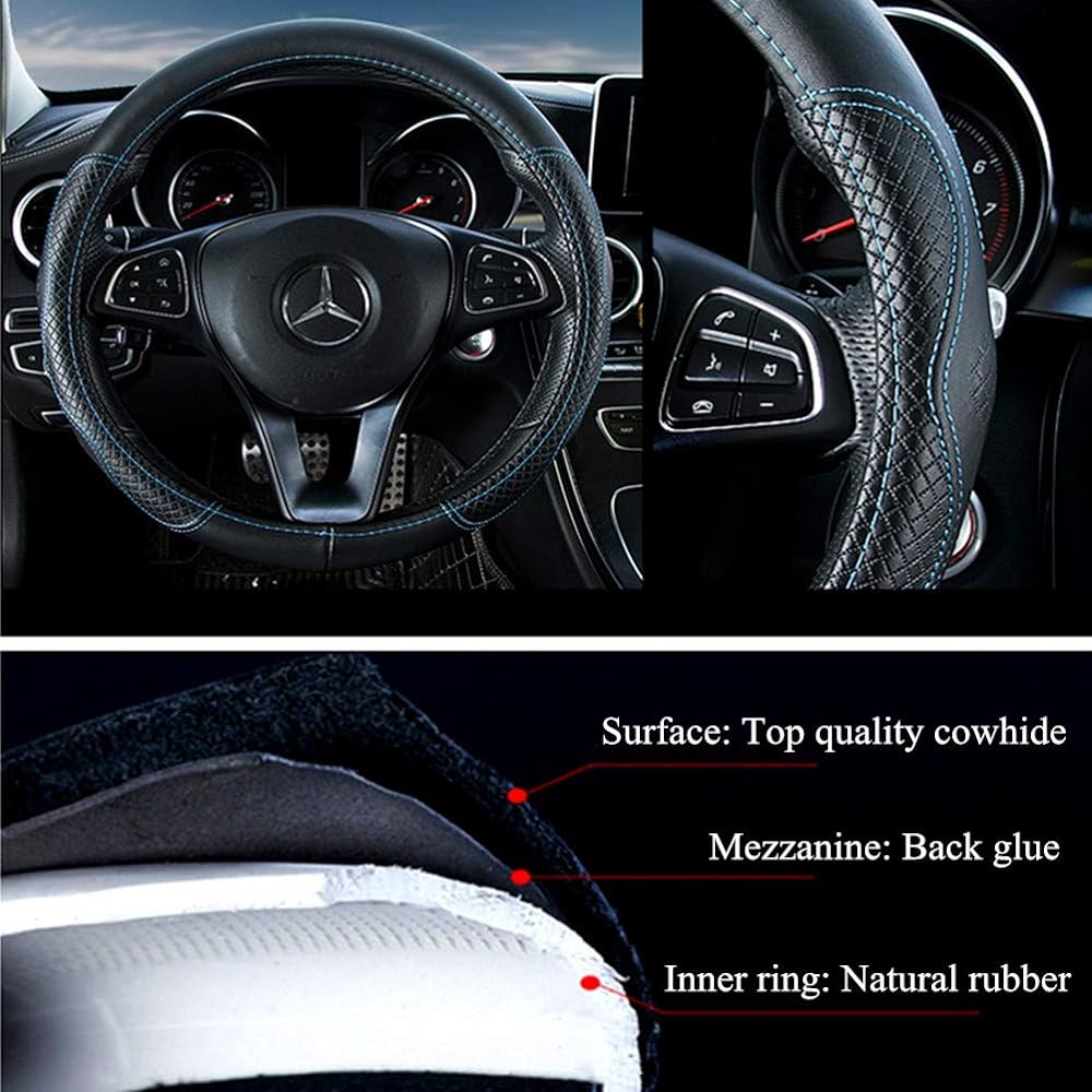 Red Rain Blue Leather Handle Cover Cowhide Car League Cover Universal 15 inch car/Auto/SUV (A-black+blue)