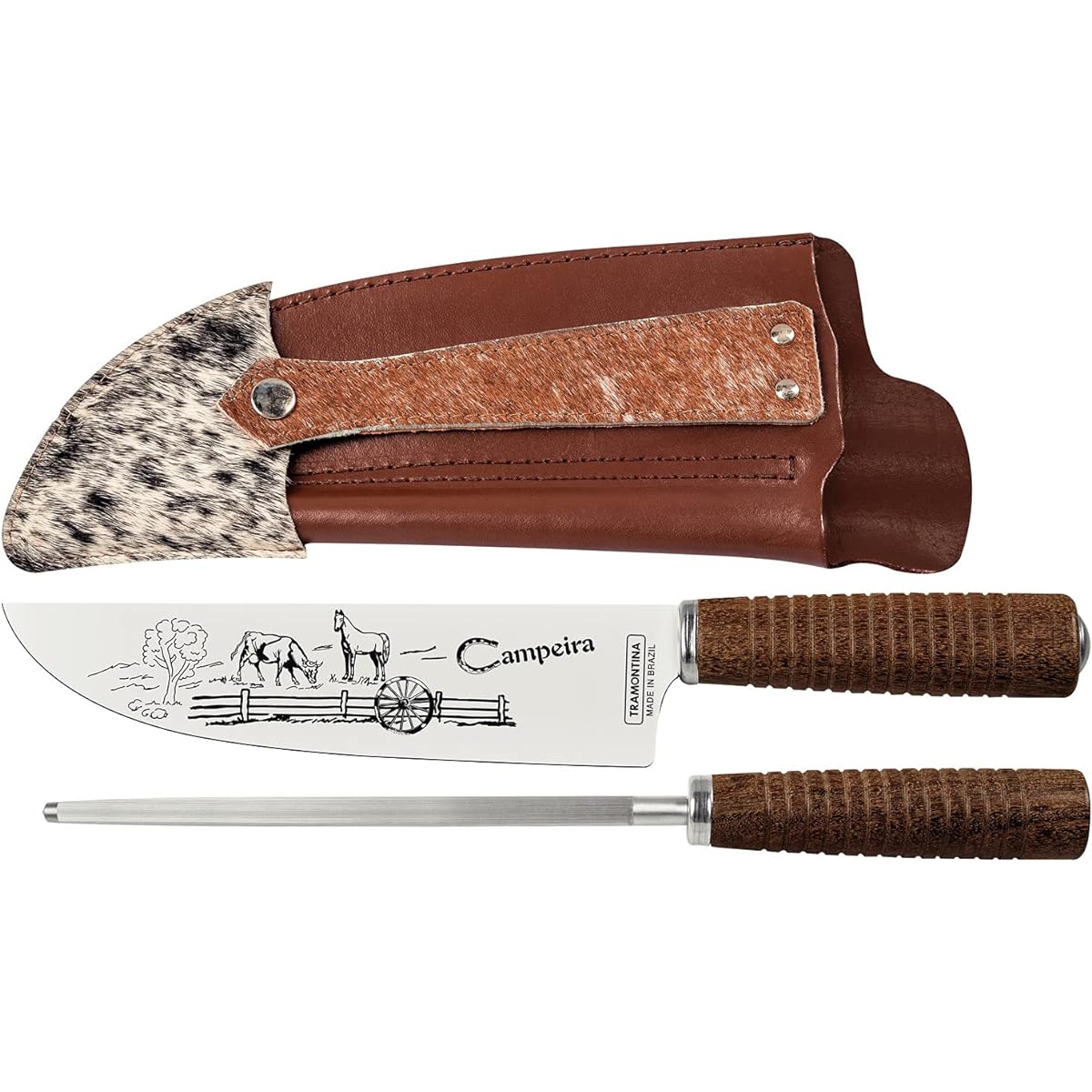 Tramontina Wooden Gyuto Knife & Knife Sharpener Cowhide with Leather Case Campeira 200mm Dark Brown Stainless Steel Made in Brazil 26099/081 TRAMONTINA