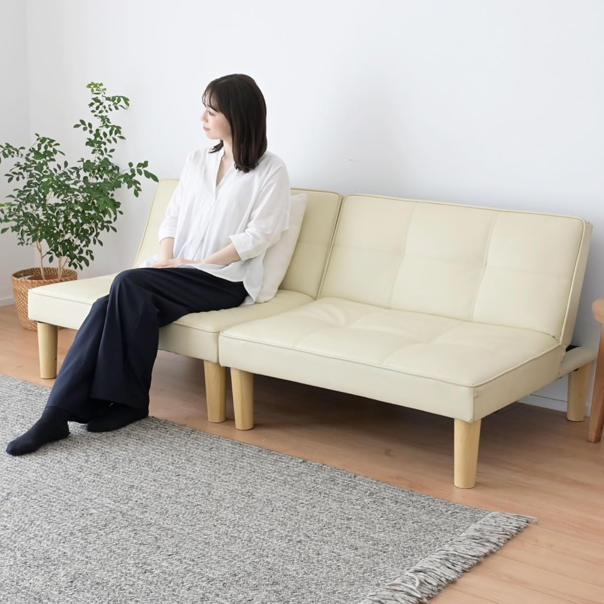 [Yamazen] Sofa Sofa Bed, Couch, Reclining, Loose, 2 Seater, 3 Back Reclining Levels, Natural Wood, Simple Bed, Low Sofa, Width 175 x Depth 81.5/90 x Height 33/67.5 cm, Assembly Ivory, SSB-175(IV)