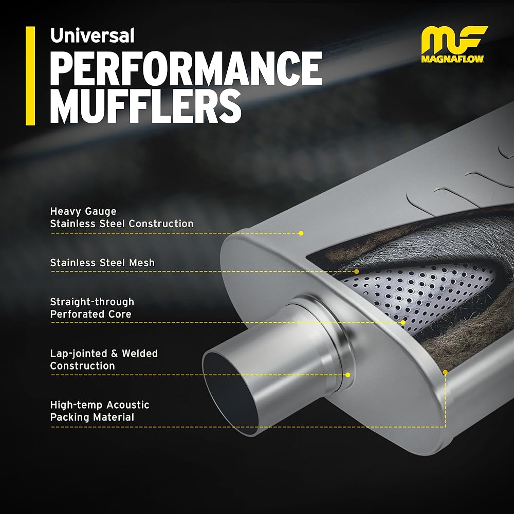 MAGNAFLOW 5 inch x 8 inch elliptical center/dual -performance muffler exhaust 12288 -Straight -through, 3 -inch inlet/2.5 -inch outlet diameter, 24 -inch overall length, satin finish -classic deep exhaust sound