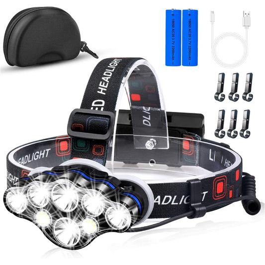 Miotsukus Headlight, 8 LED Headlamp, USB Rechargeable, 18,000 Lumens, High Brightness Headlight, Red & White SOS Flashing, 8 Modes, Waterproof, Work, Mountain Climbing, Fishing, Power Outages, Earthquakes, Emergencies, Disasters, Outdoors, Japanese Instr