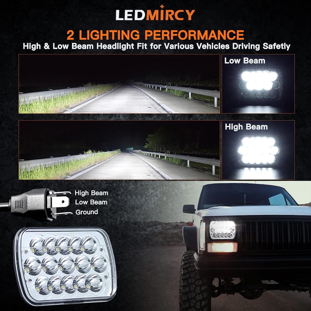 LEDMIRCY 5x7 LED Headlight Dot Approval rectangular headlights 2 90W High -low and low sealed beam square 7x6 inch jeep cherocye off -road track H6054 H6014 H6052 6053 Replacement
