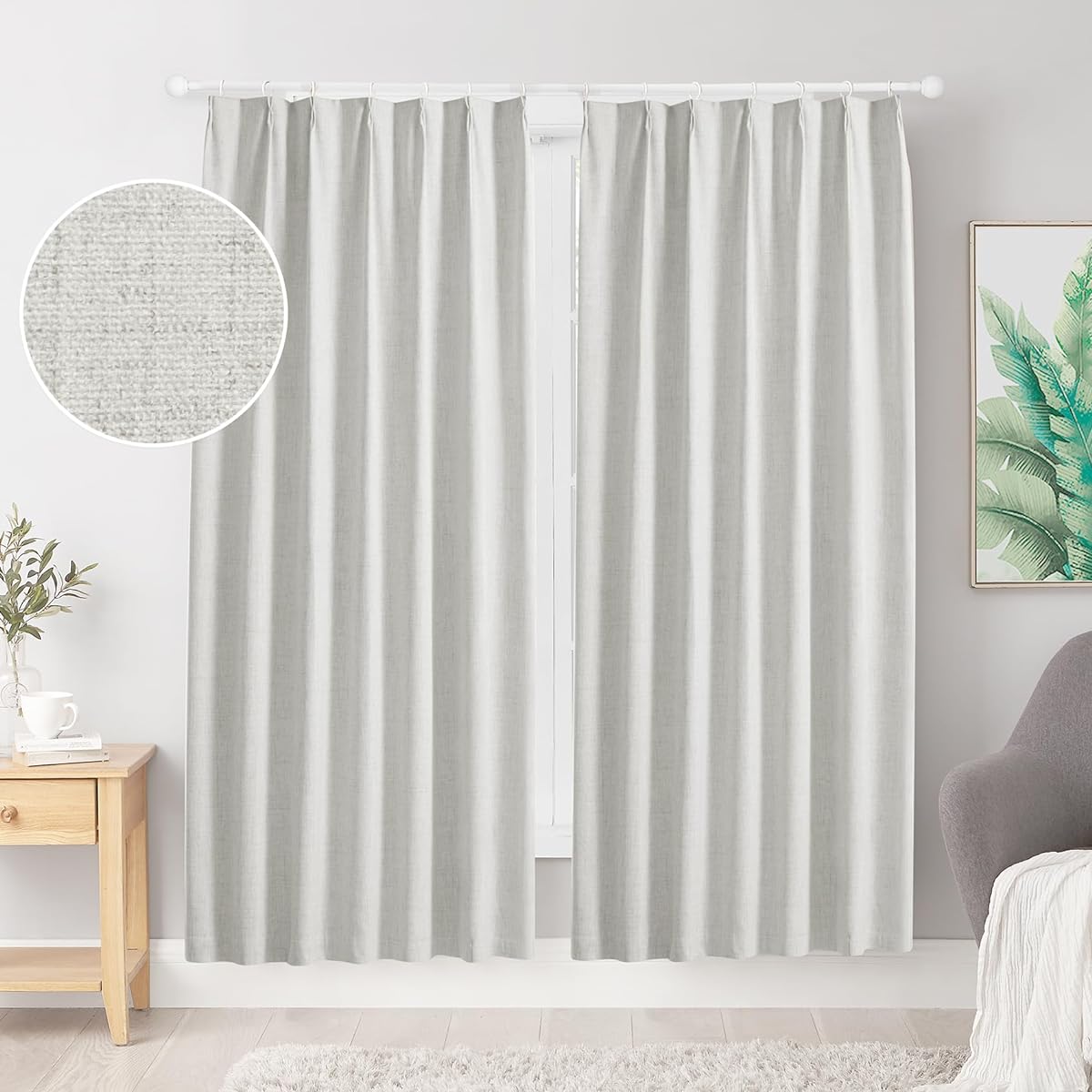 Hansleep Complete Blackout Curtains, Linen Fabric, Grade 1 Blackout, Set of 2, Width 100cm, Length 200cm, Light Gray, Insulation, Cold Protection, Soundproofing, Energy Saving, Thick, Plain, Stylish, Washable, For Living Room (Light Gray, Width 100cm x L