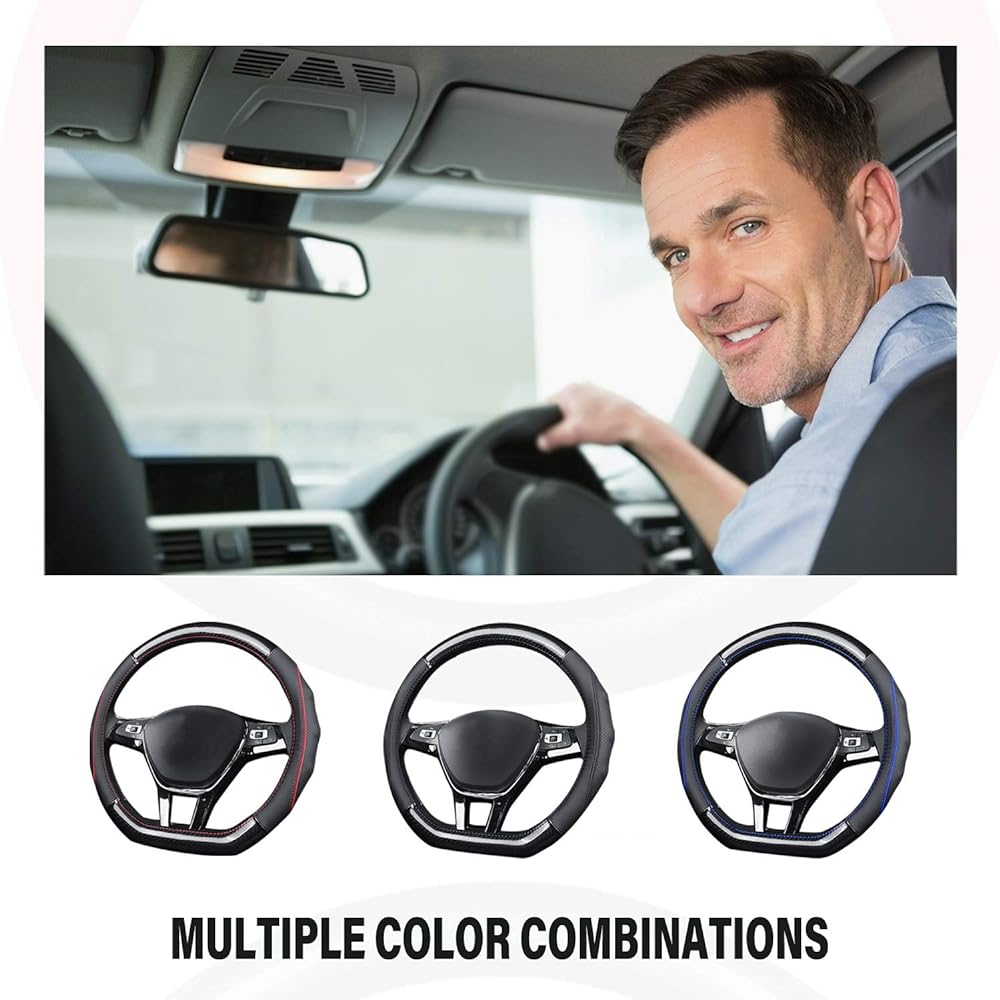 Ergocar Car Steering Wheel Cover Anti-slip D-Shape Steering Wheel Cover Carbon Fiber & First Layer Cowhide Leather Diameter 38cm (D-Black-Red)