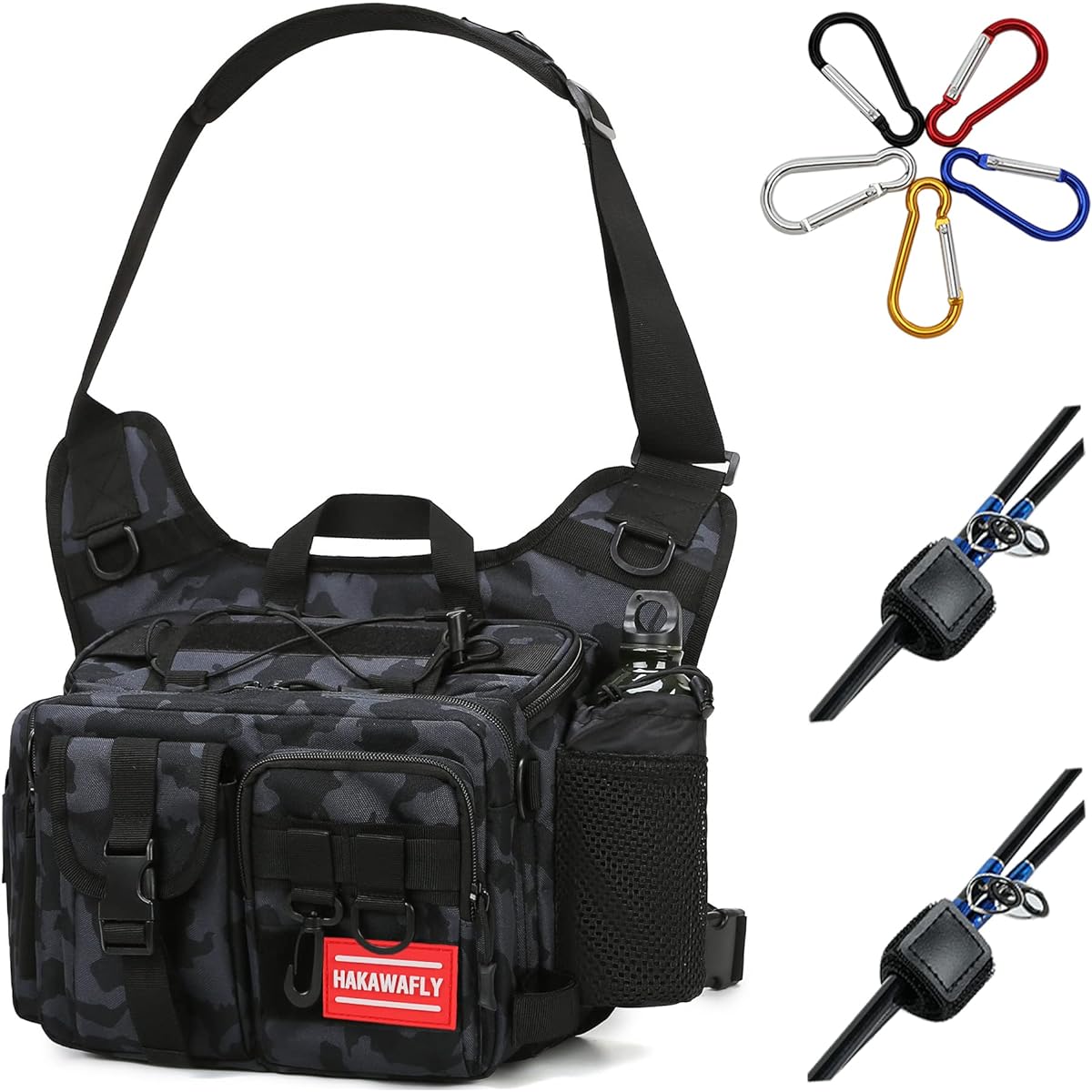 HAKAWAFLY Fishing Bag, Wide Mouth, Large Capacity, Fishing Bag, 5WAY Shoulder Bag, Waterproof, Fishing Bag, Movable Shoulder Pad, Detachable Waist Belt (Black)